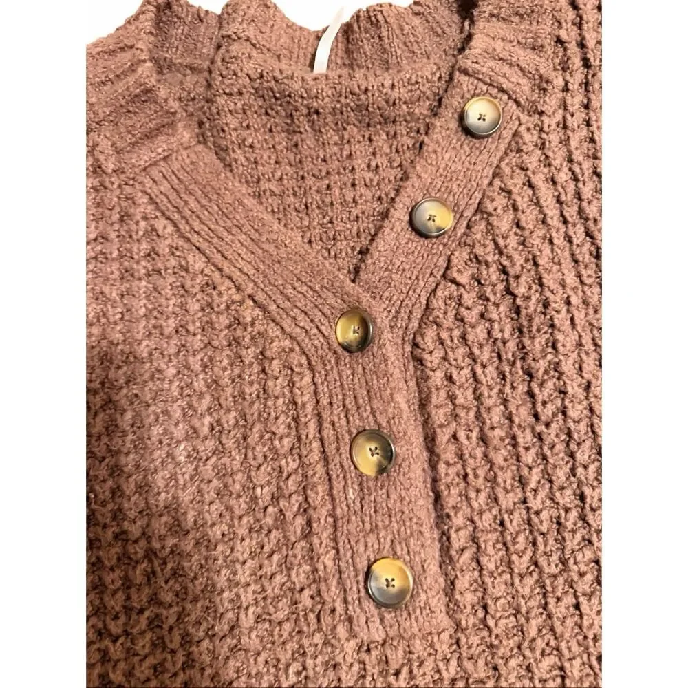 Free People Whistle Thermal Henley Brownstone Combo Small Chunky Knit $148